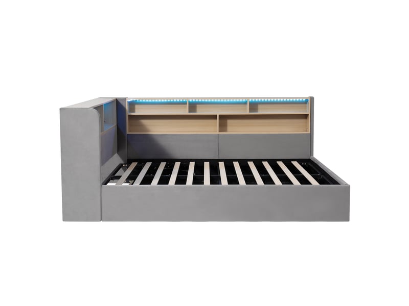  Daybett 140x200 cm mit hydraulischem stauraum, polsterbett, tagesbett, schlafsofa mit led, usb &amp; rückenlehne, samt, grau  - Conforama E
