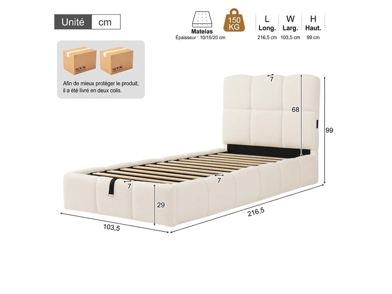  Lit enfant 90x200 coffre avec rangement tissu bouclette beige port usb intégré  - Conforama C