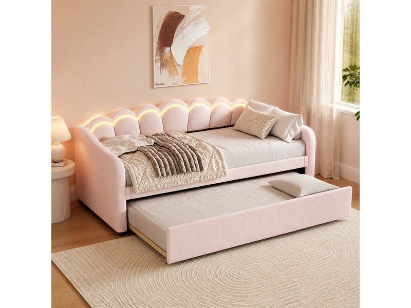  Lit gigogne 90x200 cm avec éclairage led, rose  - Conforama C