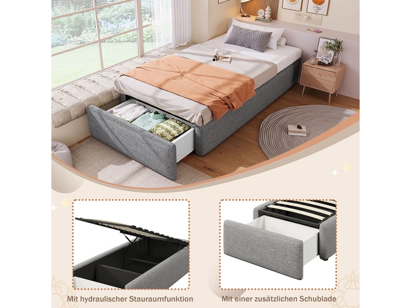  Lit avec tiroirs 90 x 200 cm rangement hydraulique lit coffre lit rembourré structure plateforme coloris gris  - Conforama D