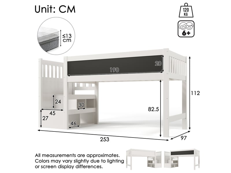 Lit mezzanine enfant 90 x 200 cm avec escalier de rangement et tableau, blanc  - Conforama C