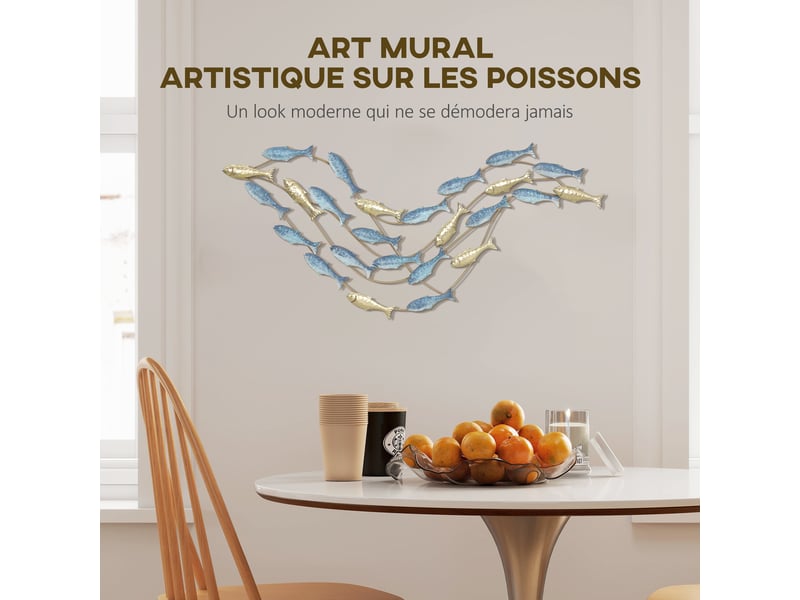 Décoration murale en métal moderne, sculpture murale en métal avec motif de poisson unique, bleu clair, 100 x 50 cm  - Conforama A