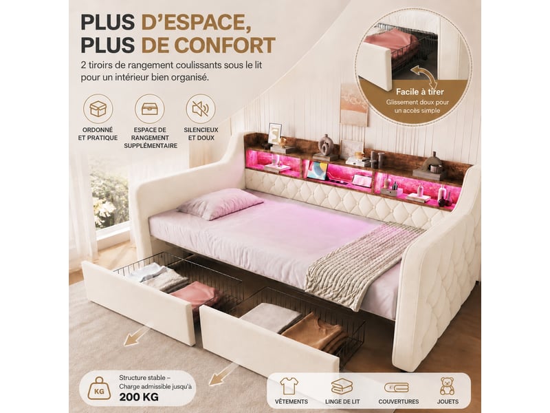  Lit une place en velours beige avec rangement, led 16 couleurs, usb et usb-c, 2 tiroirs, 90x190  - Conforama E