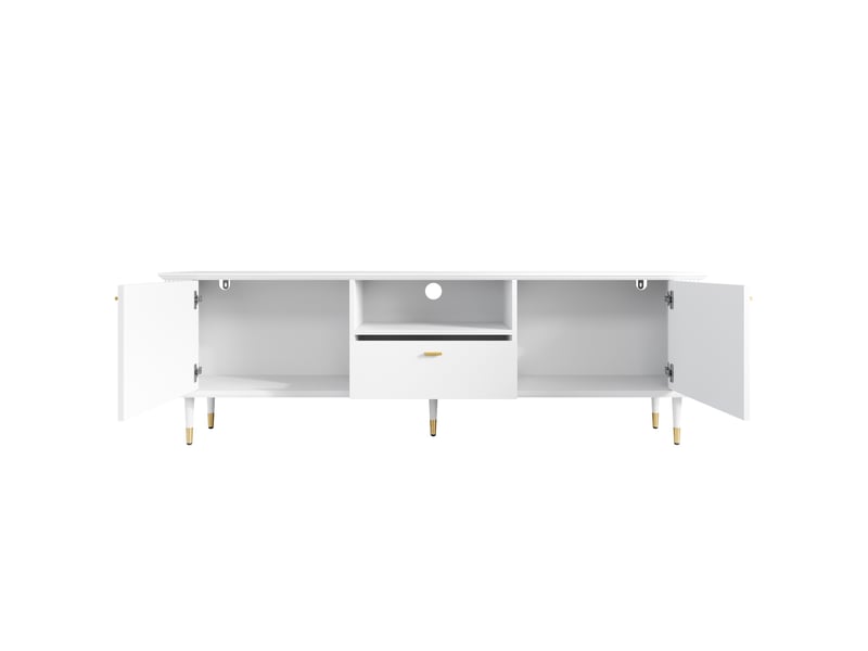  Meuble tv avec 2 portes, 1 tiroir, 1 niche et passe-câbles, fermeture douce, en mdf 170×36×54 cm blanc  - Conforama E