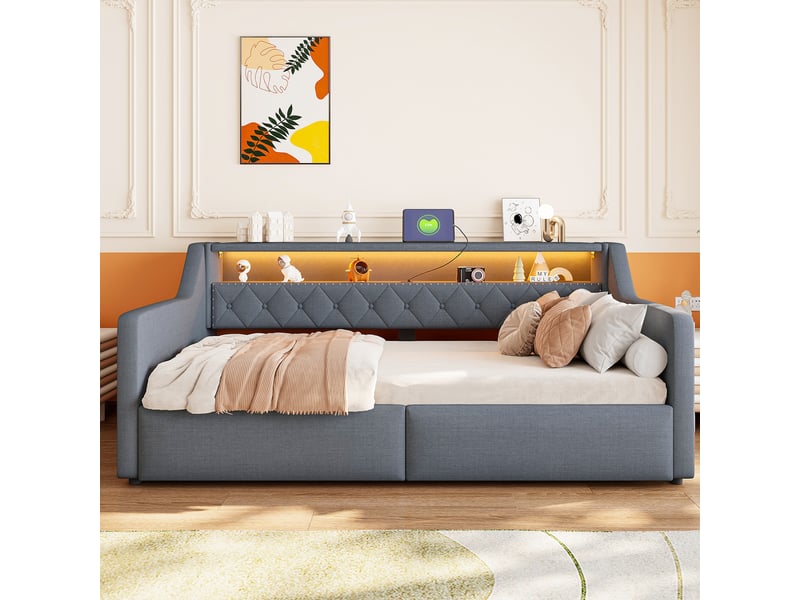  Lit coffre hydraulique 90x200 cm avec led, usb et usb-c, tissu lin gris, structure mdf, sans matelas  - Conforama W