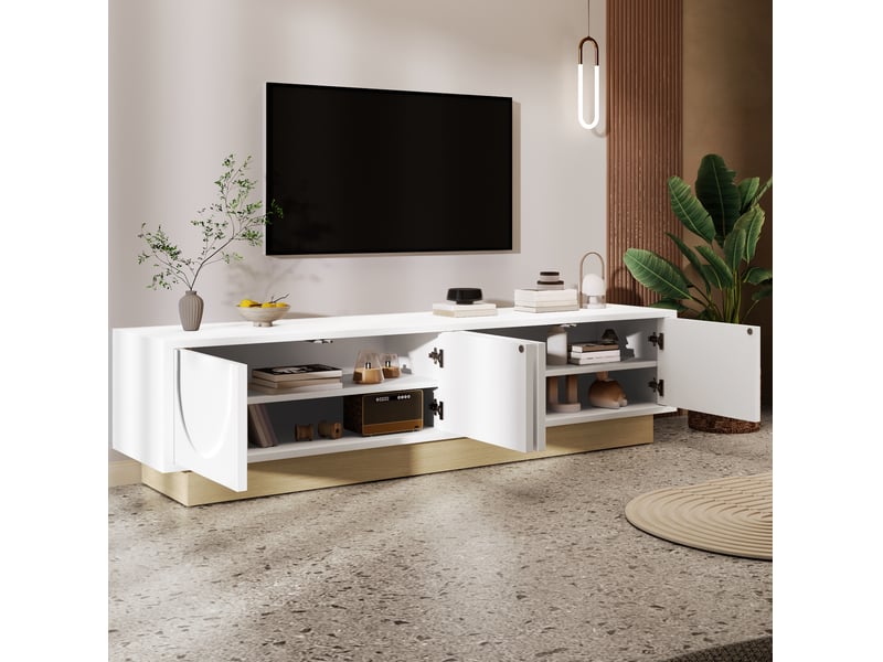  Meuble tv blanc 175 cm en mdf, 4 portes sans poignée, rangement et passe-câbles  - Conforama E