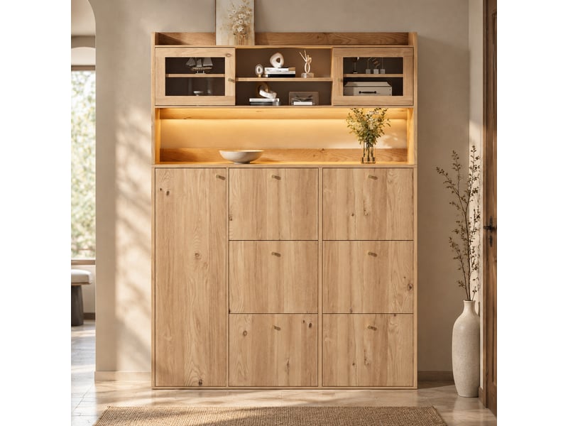  Meuble à chaussures 130 x 25 x 180 cm naturel en panneau de particules, 6 compartiments basculants à led  - Conforama B