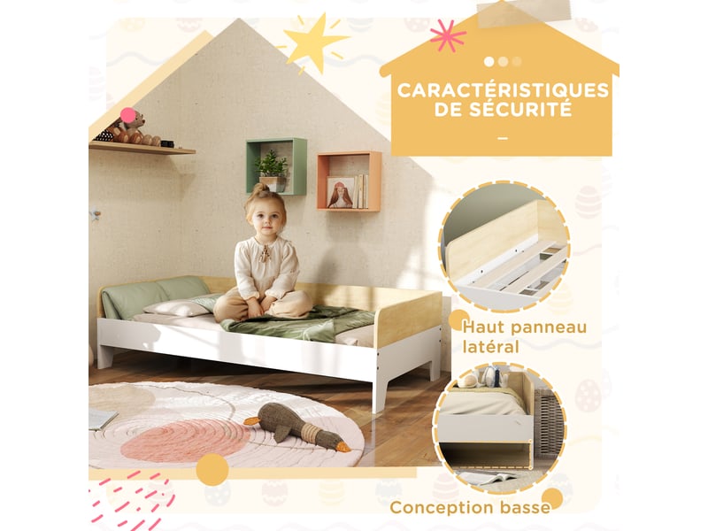  Lit enfant lit avec sommier à lattes avec panneaux latéraux élevés conception basse en bois blanc 143,5 x 74 x 40 cm  - Conforama E