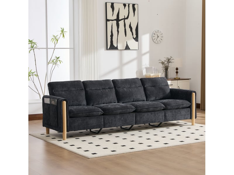  Canapé modulaire 4 places noir en tissu avec 2 poufs de rangement, pieds en bois et confort familial  - Conforama B