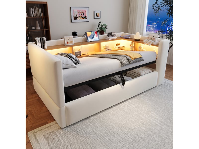  Lit simple 90x190 cm rangement hydraulique, led et prises en flanelle beige  - Conforama B
