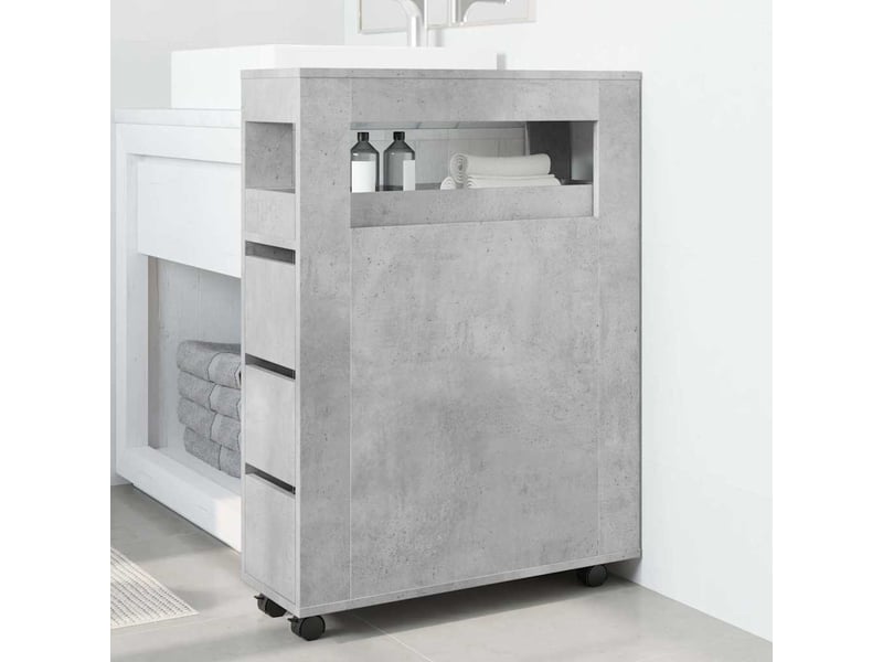  Meuble étroit salle de bain, commode à roulettes gris béton  - Conforama C