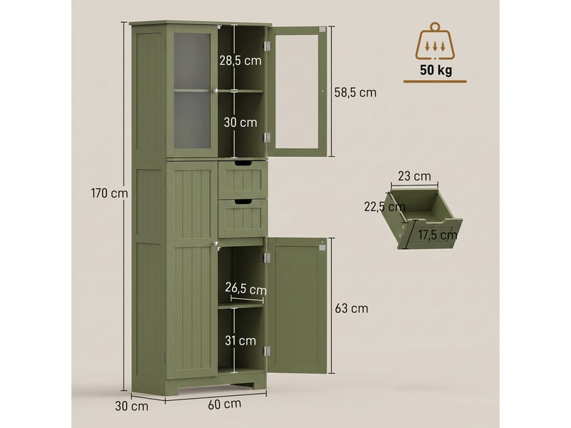  Armoire de rangement haute avec portes vitrées et étagères réglables pour salle de bain, cuisine, salon, verte  - Conforama E