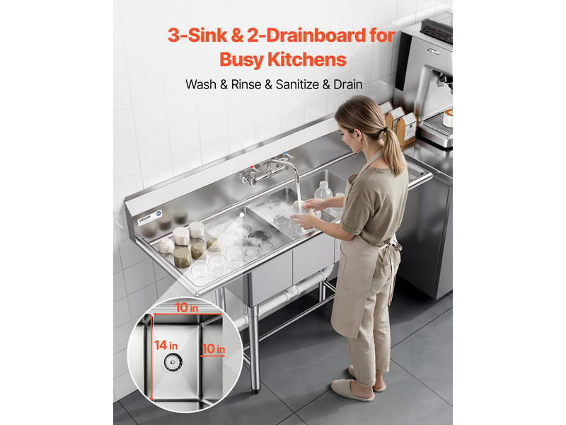  Vevor evier de cuisine a 3 cuves de 25,4x35,6x25,4 cm, evier autoportant sur pied, pour restaurant camion-restaurant maison, en acier inoxydable 304 de calibre 18, avec 2 egouttoirs et dosseret  - Conforama C