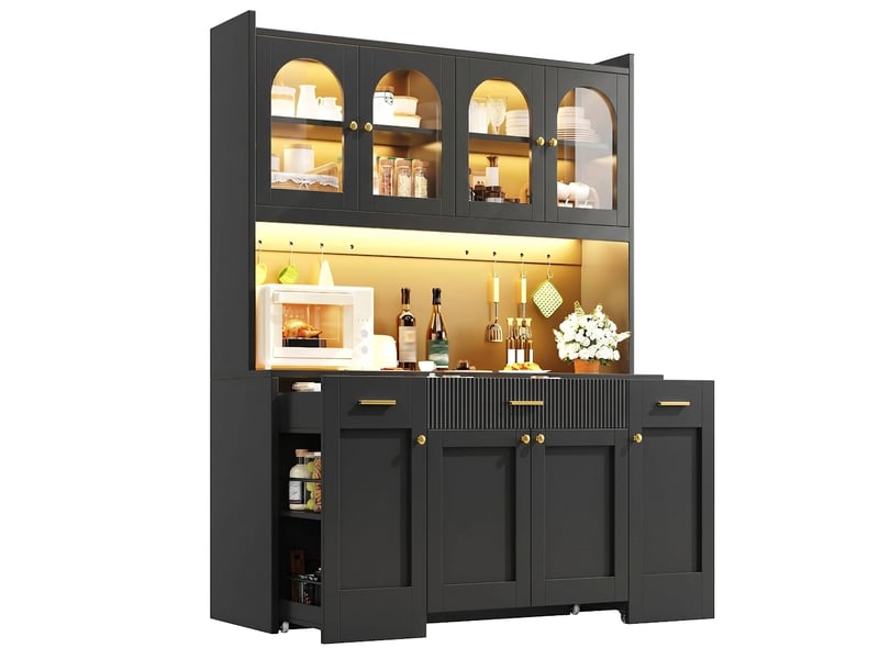  Buffet de cuisine haut noir 120 cm avec led rgb et 3 vitrines en verre  - Conforama A