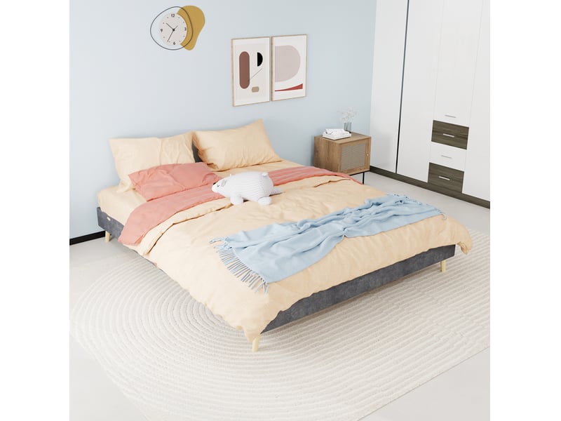  Lit cadre 160x200 cm, 2 places, moderne en bois et métal couleur gris sans matelas  - Conforama E