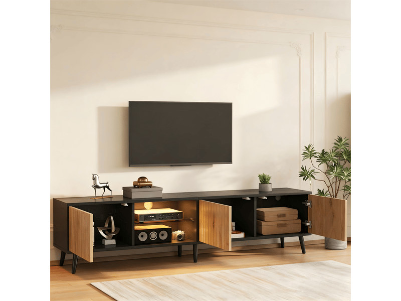  Meuble tv led 175 cm pour salon, 3 portes, 6 peids, bois naturel et noir, pour téléviseur jusqu’à 70 pouces  - Conforama B