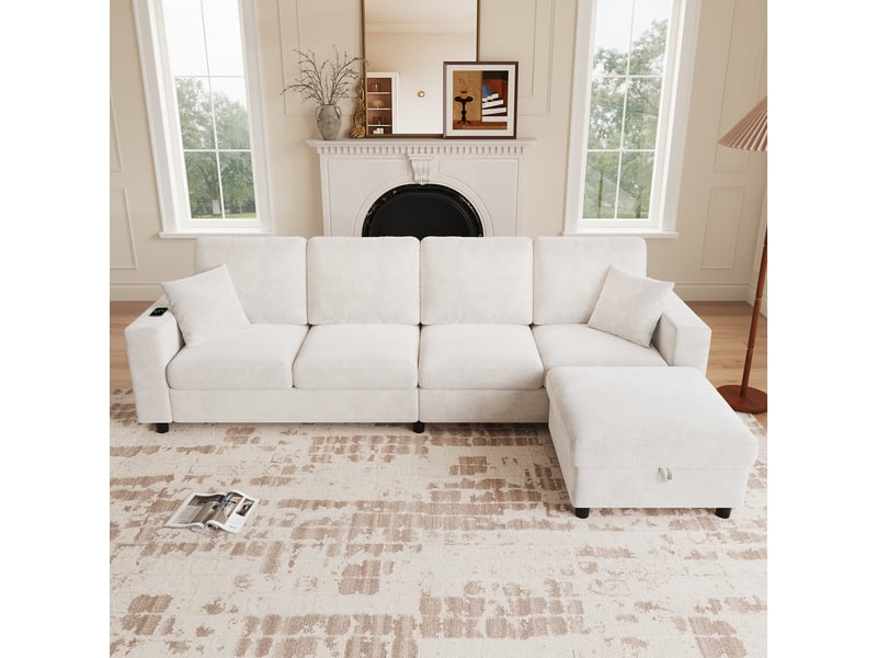  Canapé d’angle xxl modulable 4 places 282x153x82 avec pouf mobile et rangement, éclairage led et ports usbusb-c, configuration en l pour salon moderne-beige OPULERANE TRADING LTD - Conforama E