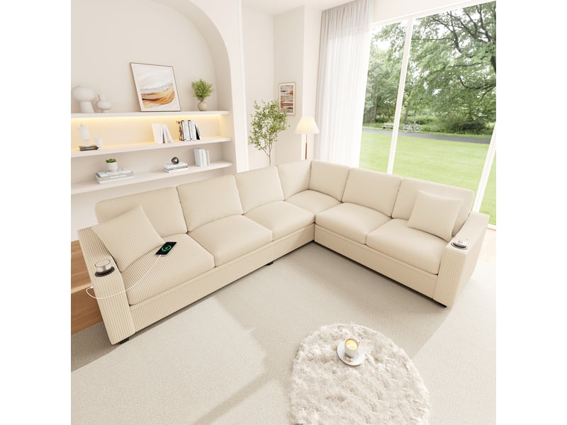  Canapé d’angle modulable 6 places 277 x 215 x 85 cm, usb et usb-c, 2 porte-gobelets, 2 coussins, salonchambre, velours côtelé, beige OMNIGLINT TRADING LTD - Conforama C