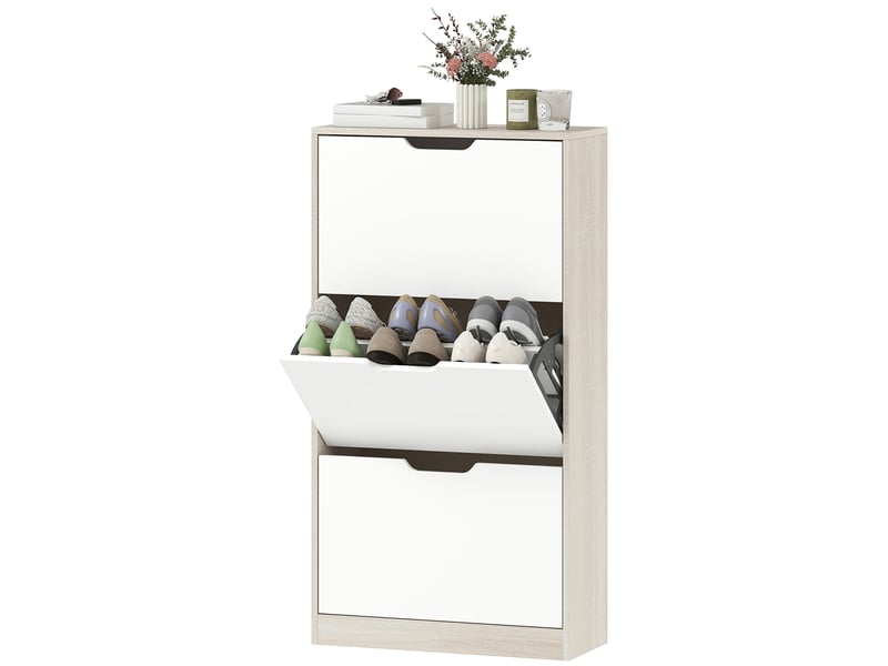  Meuble à chaussures design bicolore effet bois clair blanc 3 portes  - Conforama E