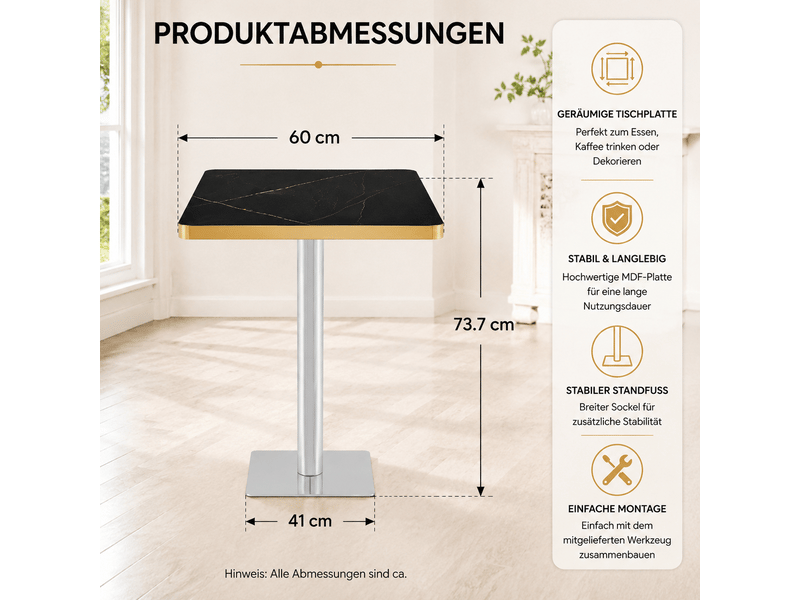 Table de salle à manger pour 2 à 4 personnes avec pied central carré, effet marbre, en mdf et métal, 60 × 60 × 74 cm - Conforama E