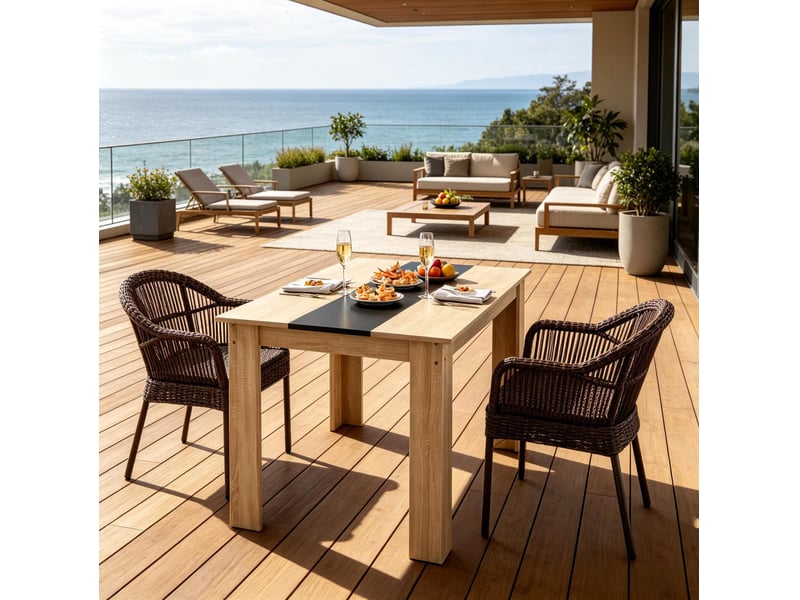  Table à manger rectangulaire moderne pour 4 à 6 personnes, plateau mélaminé bicolore chêne et noir, patins antidérapants  - Conforama C