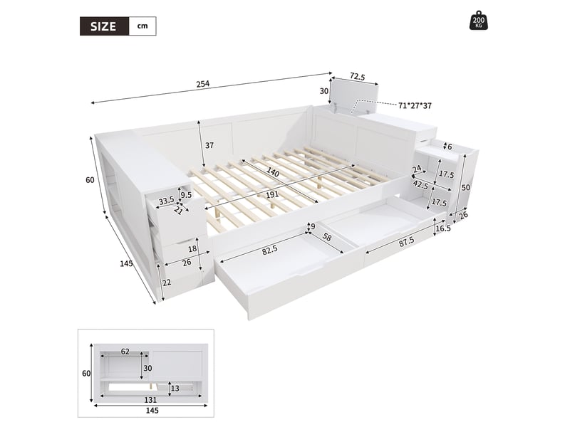  Elvmi lit enfant 140x190 cm blanc avec tiroirs, rangement latéral et table de chevet coulissante, structure stable en mdf, couchage multifonction pour chambre d'enfant, adolescent, petit appartement ou espace multifonctionnel, a…  - Conforama C