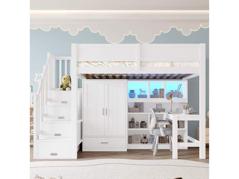  Lit mezzanine 90x200 cm – lit enfant gain de place avec bureau escalier rangement penderie et 1 tiroir – bois de pin – blanc CozyNest - Conforama E