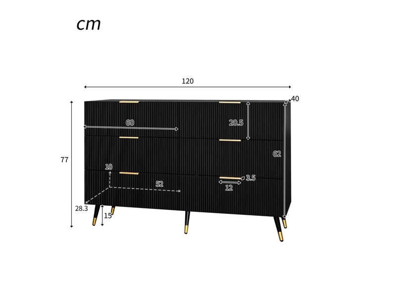 Commode à 6 tiroirs, 120 x 77 x 40 cm, finition texturée ondulée, poignées dorées, style moderne et minimaliste, noir  - Conforama C