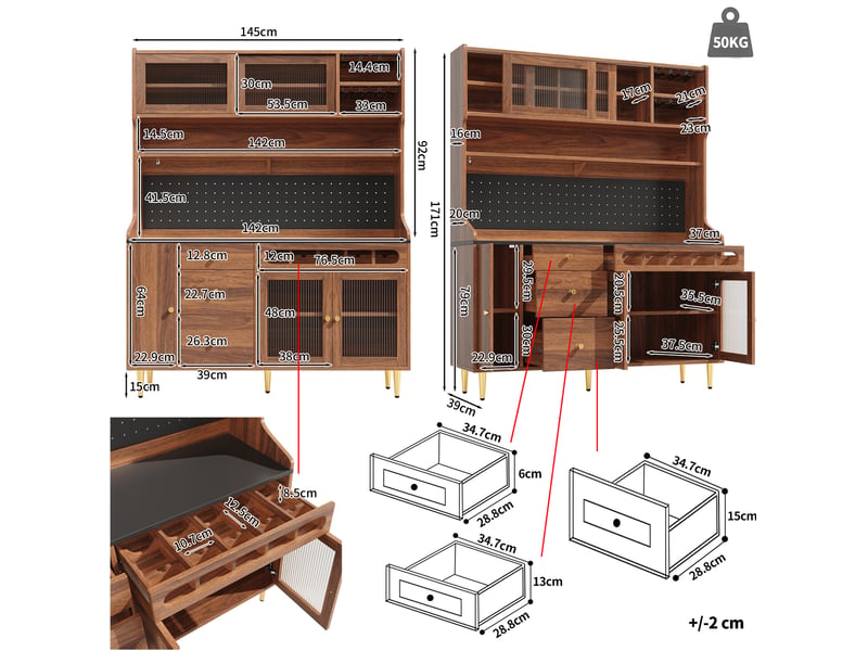  Buffet haut 145 x 39 x 171 cm avec led, étagères réglables et range-bouteilles noyer  - Conforama C