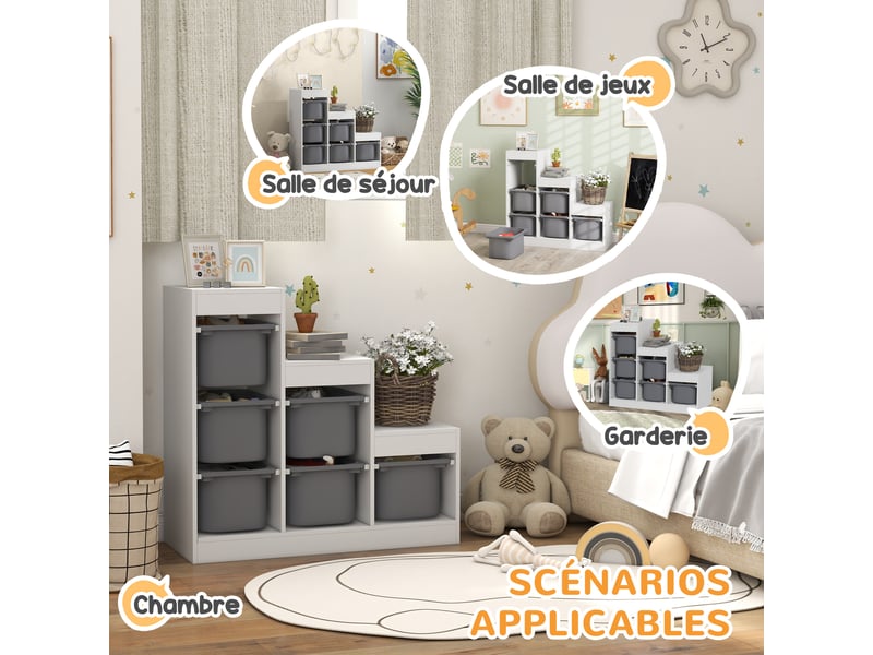 Meuble de rangement pour jouets des enfants avec 6 bacs amovibles, 3 niveaux de rangement, 96 x 38,5 x 90, gris - Conforama E