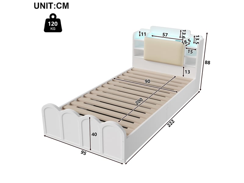 Lit enfant coffre 90x200 cm hydraulique en pin blanc avec led, usb et usb-c - Conforama C