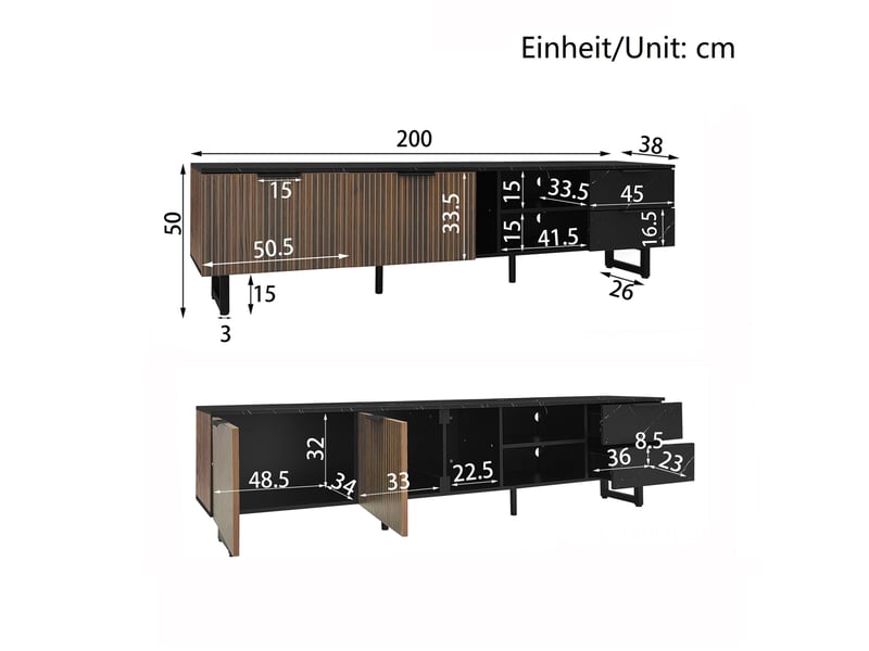  Meuble tv 200 x 38 x 50 cm rangement led couleurs 2 portes 2 tiroirs 2 niches pieds 15 cm mdf noir veinage bois foncé  - Conforama C