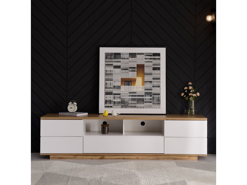  Meuble tv laqué blanc - rangement moderne avec portes et tiroirs, structure en mdf et finition bois clair, 180x38x46 cm  - Conforama D