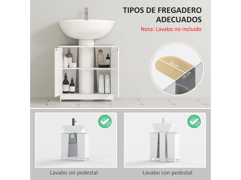  Meuble sous lavabo blanc, 2 portes, étagère réglable, découpe pour siphon, 60 x 30 x 60 cm  - Conforama R