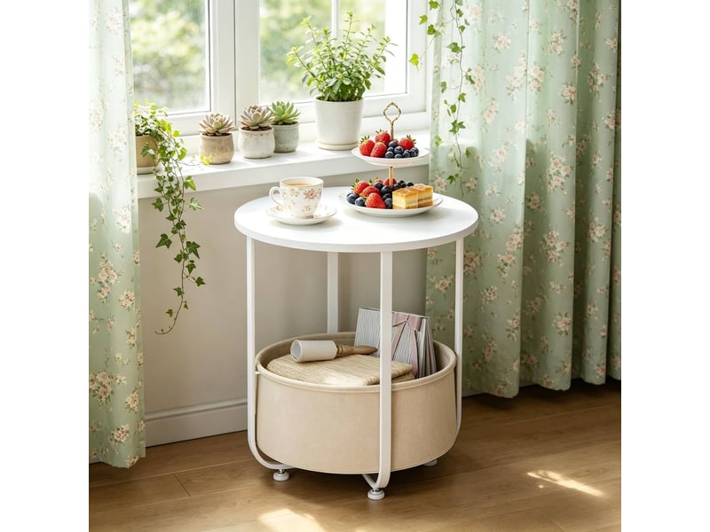  Table d’appoint ronde avec panier amovible, pieds réglables, blanche  - Conforama B