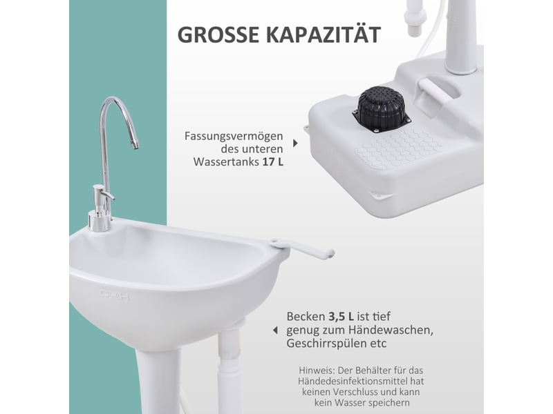 Lavabo mobile extérieur blanc avec pompe à pied, réservoir 17 l et roulettes, pratique pour le camping et les voyages - Conforama E
