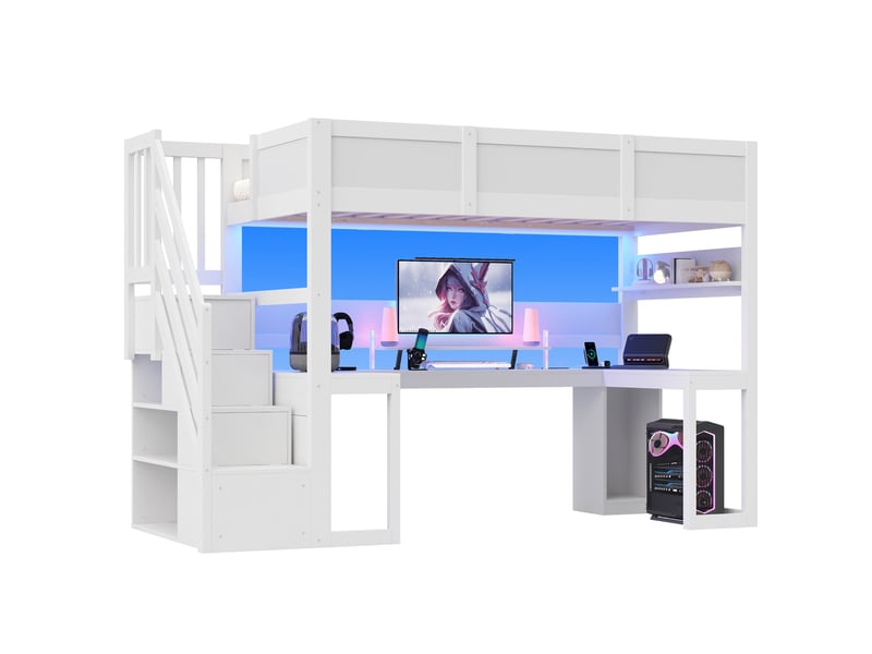  Lit mezzanine enfant 90x200 cm – blanc – bureau gaming, led 7 couleurs, usb et rangements – sans matelas  - Conforama A