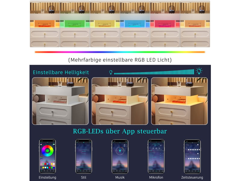  Table de chevet led 50x40x60 cm avec 2 tiroirs et 1 espace ouvert panneau de particules blanc  - Conforama B