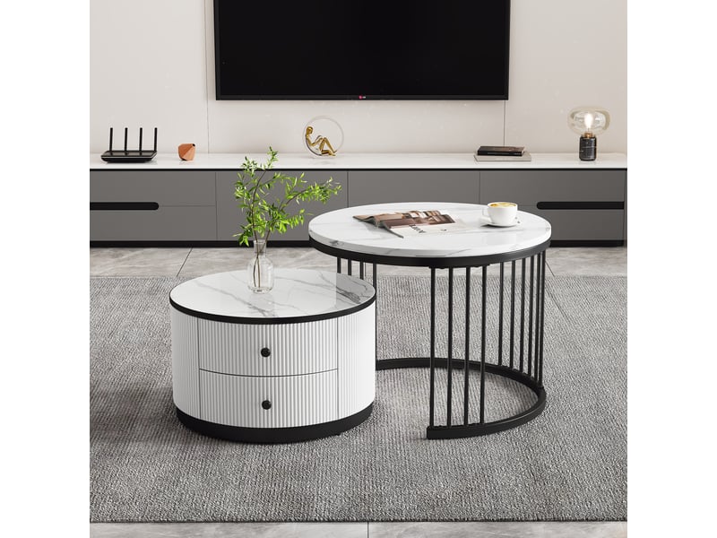  Table basse gigogne effet marbre brillant, lot de 2 tables rondes avec 2 tiroirs, blanc  - Conforama C