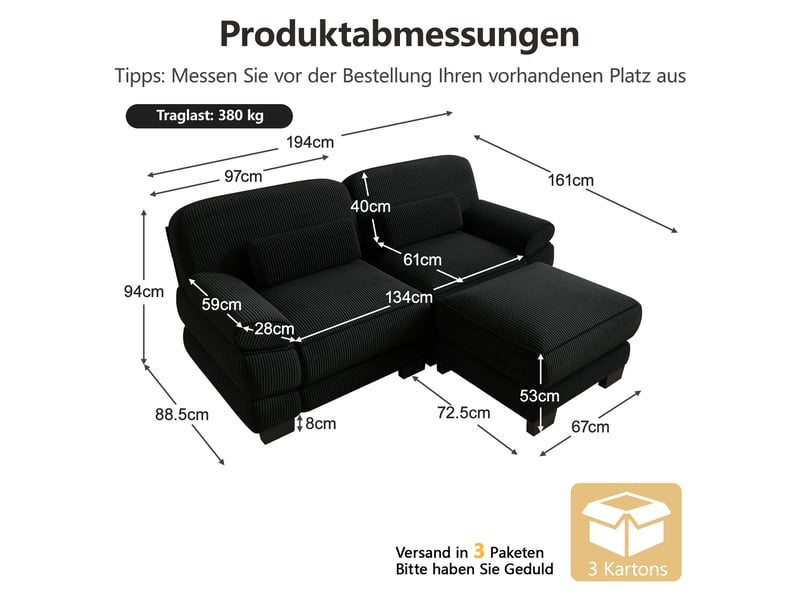 Canapé d'angle modulable - 2 places - forme l - 1 ottoman - coussins lombaires - velours côtelé - mobilier de salon - noir CozyNest - Conforama D