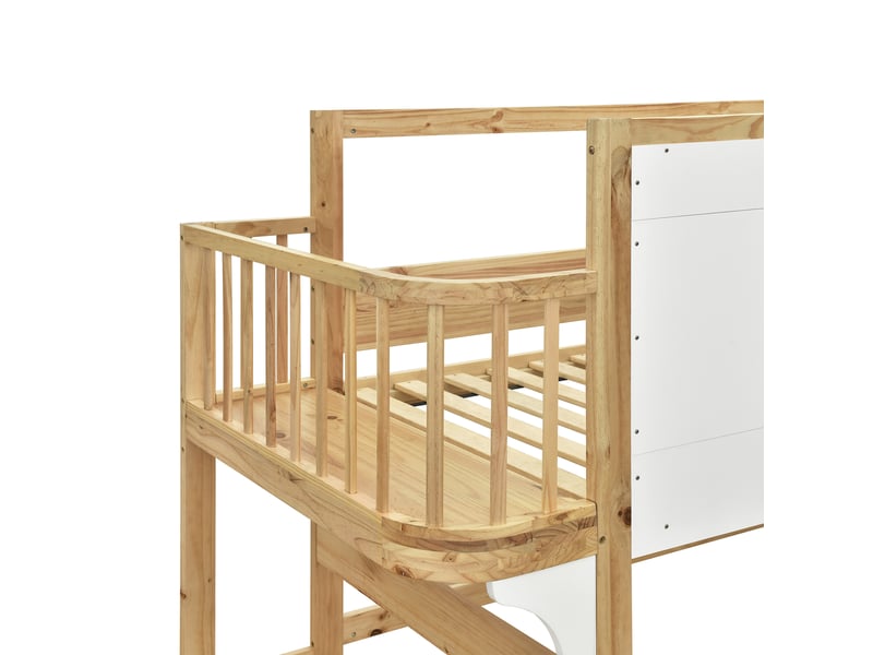 Lit mezzanine enfant, lit simple avec escalier à rangements, fenêtres et garde-corps, 90x200 cm, sans matelas - Conforama E