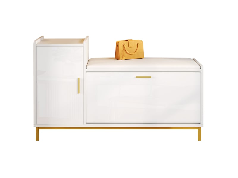  Meuble à chaussures 100x38x68 cm rangement 2 niveaux siège rembourré pieds dorés panneau de particules, métal blanc doré  - Conforama A