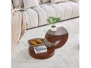 Table basse ronde 90x70x44 cm, meuble de salon, plateau en verre transparent, pour salon et séjour, mdf, couleur noyer