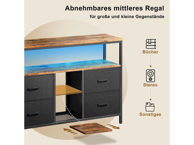  Meuble tv avec led,armoire tv de salon avec 4 tiroirs, tiroirs en tissu et structure en métal,137 x 29.8 x 78 cm, noir  - Conforama R