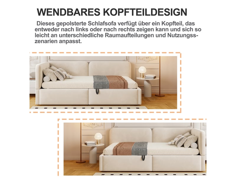  Lit banquette double 140×200 cm coffre hydraulique et tête de lit réversible  - sans matelas, velours beige  - Conforama E