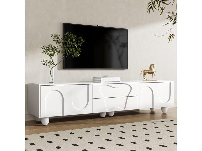  Meuble tv 180 cm – grand espace de rangement – pieds en bois – blanc  - Conforama C