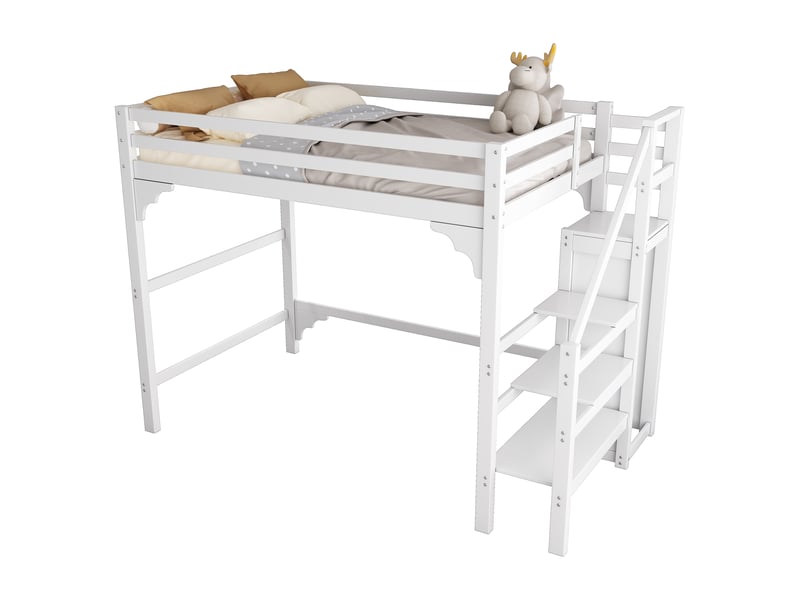 Lit mezzanine blanc 140x200 cm, escalier, armoire et rangements intégrés - Conforama E