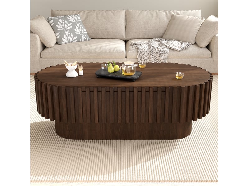  Table basse ovale avec tiroir et décor à lamelles verticales en mdf couleur noyer foncé pour salon 100 × 50 × 35,5 cm  - Conforama B