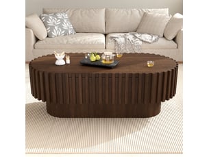 Table basse ovale avec tiroir et décor à lamelles verticales en mdf couleur noyer foncé pour salon 100 × 50 × 35,5 cm