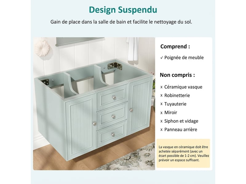  Meuble sous lavabo suspendu 3 tiroirs 78,5 x 46 x 46,8 cm gain de place style moderne  - Conforama D